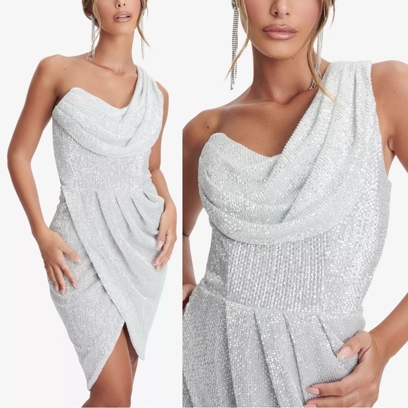 LAVISH ALICE Stella one shoulder draped sequin midi dress Silver Metallic US 14 - Picture 1 of 9